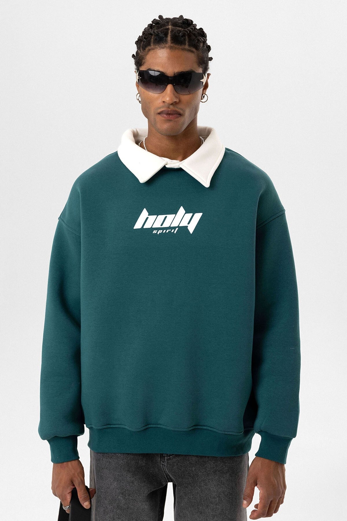 Polo Yaka Oversize Baskılı Sweatshirt