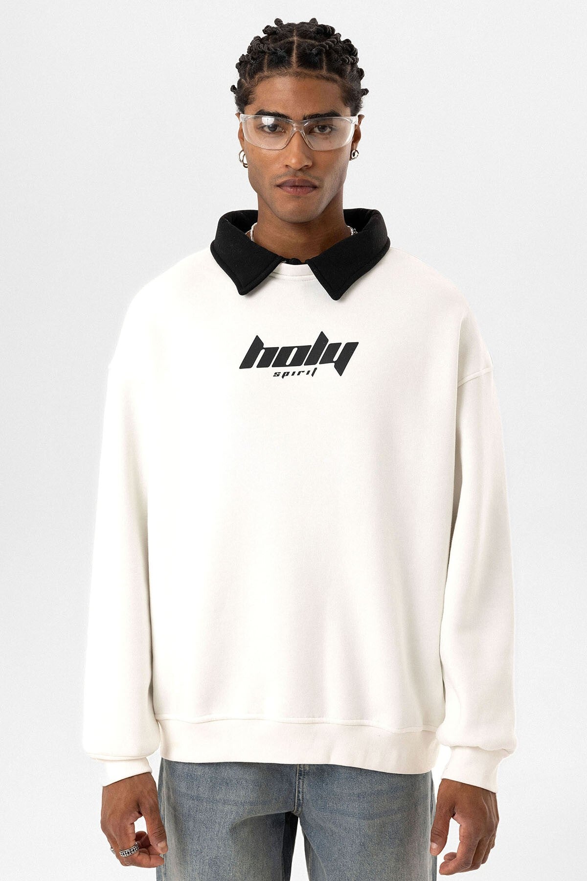 Polo Yaka Oversize Baskılı Sweatshirt