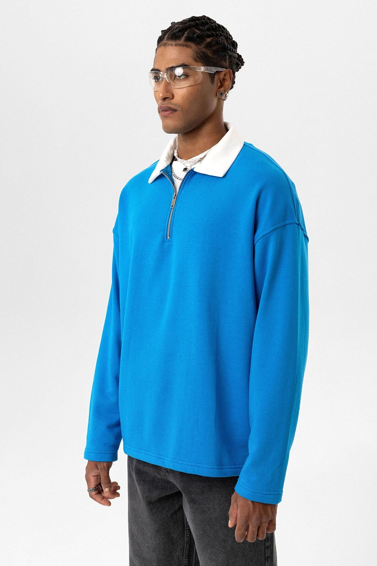 Basic Polo Yaka Fermuar Detaylı Sweatshirt