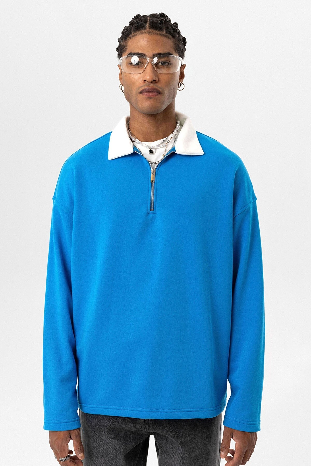 Basic Polo Yaka Fermuar Detaylı Sweatshirt