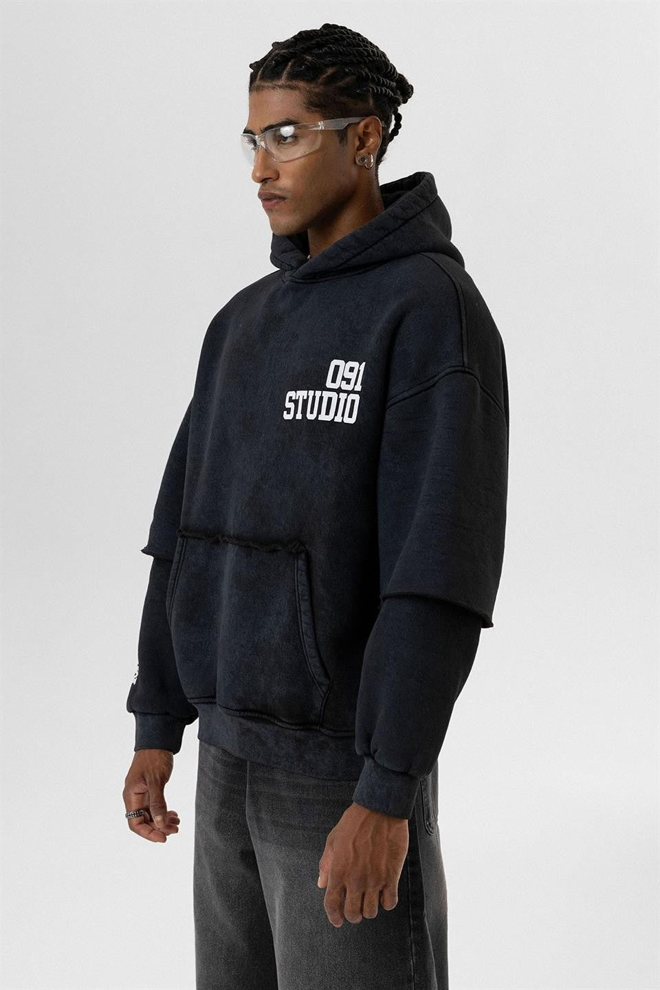 Yıkamalı Çift Kol Detaylı Kapüşonlu Oversize Sweatshirt