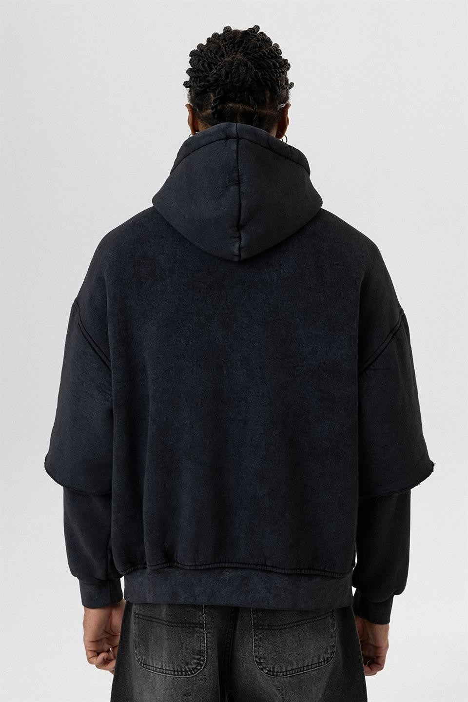 Yıkamalı Çift Kol Detaylı Kapüşonlu Oversize Sweatshirt