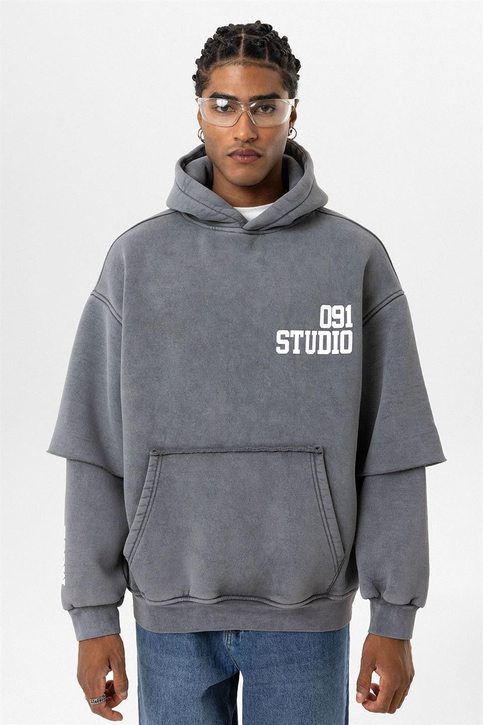 Yıkamalı Çift Kol Detaylı Kapüşonlu Oversize Sweatshirt