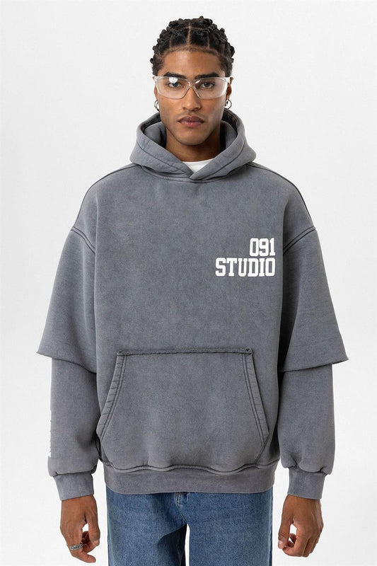 Yıkamalı Çift Kol Detaylı Kapüşonlu Oversize Sweatshirt