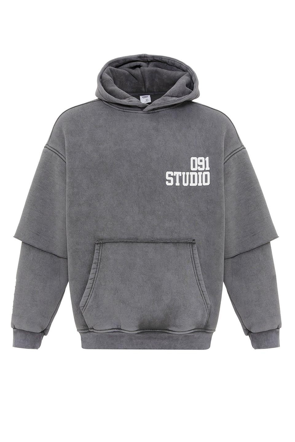 Yıkamalı Çift Kol Detaylı Kapüşonlu Oversize Sweatshirt