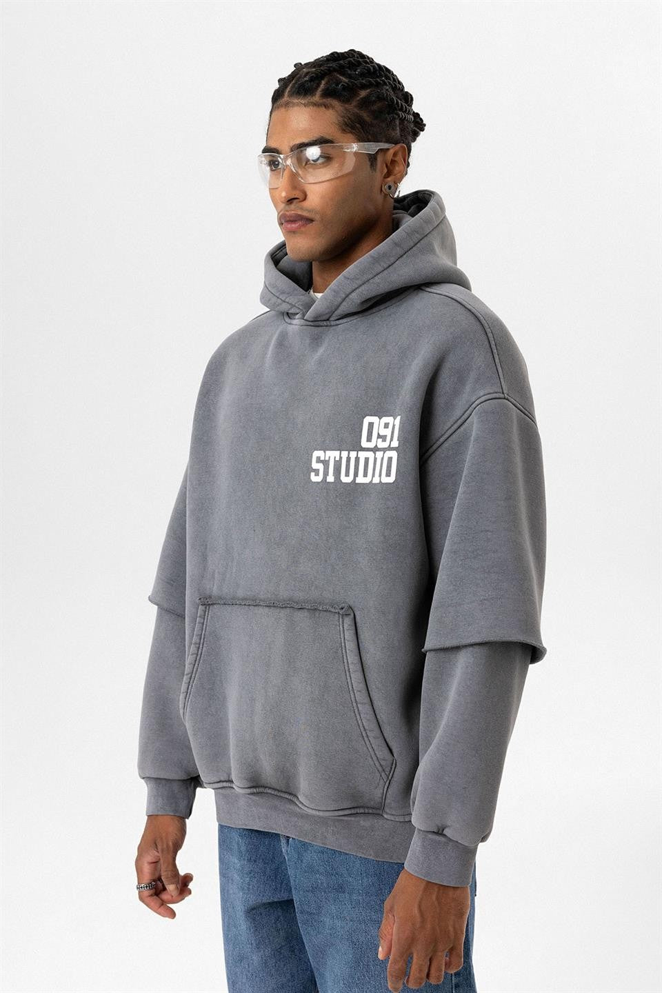Yıkamalı Çift Kol Detaylı Kapüşonlu Oversize Sweatshirt