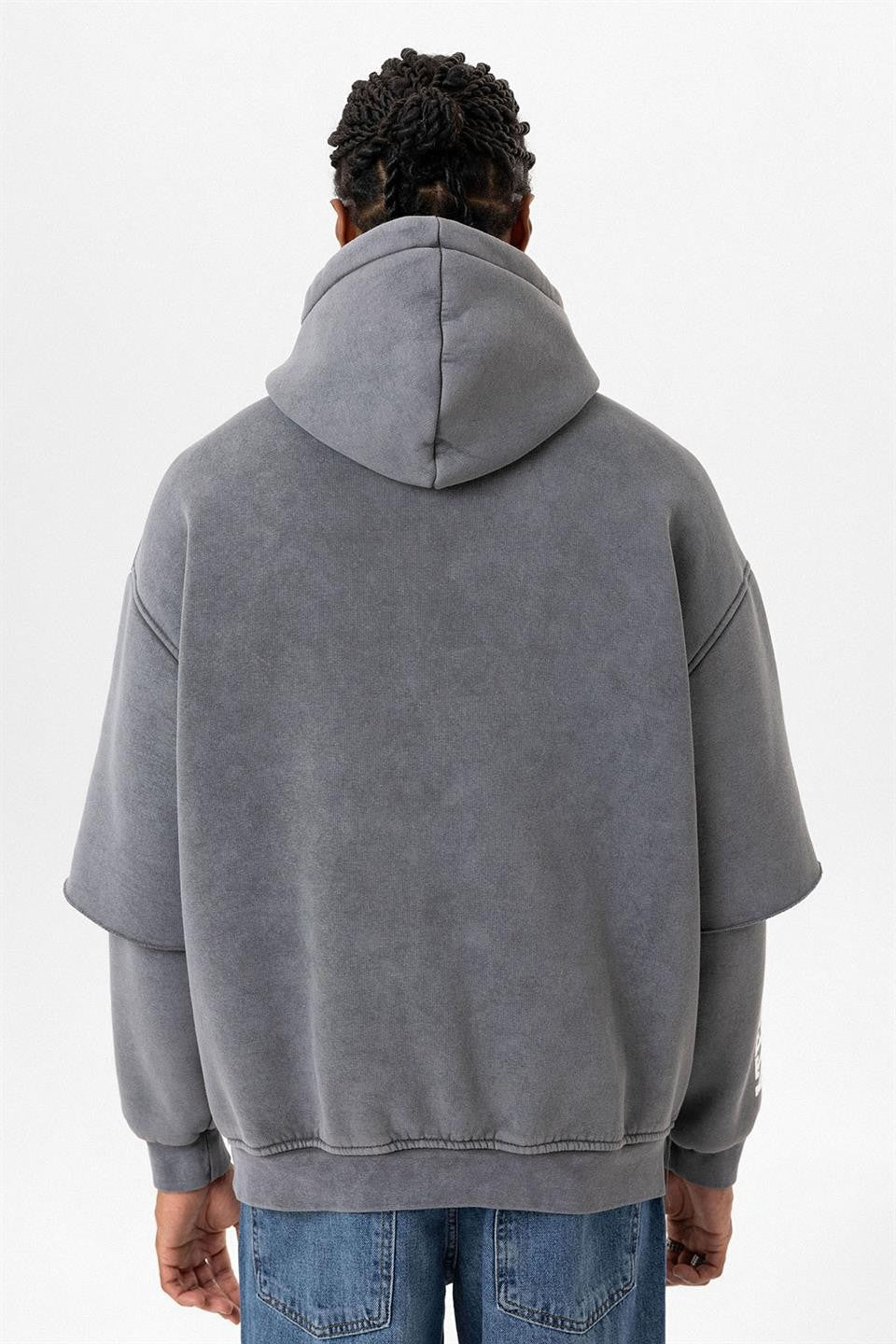 Yıkamalı Çift Kol Detaylı Kapüşonlu Oversize Sweatshirt