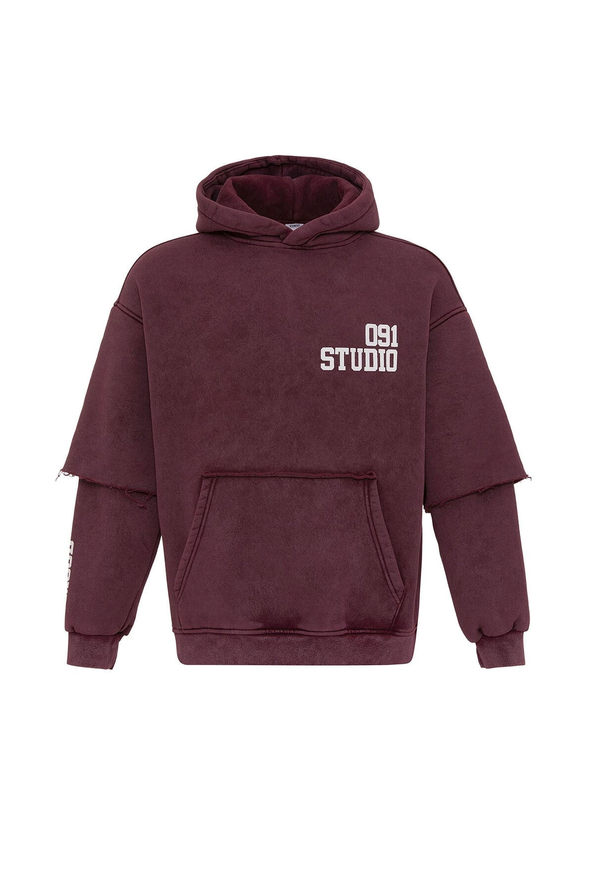Yıkamalı Çift Kol Detaylı Kapüşonlu Oversize Sweatshirt
