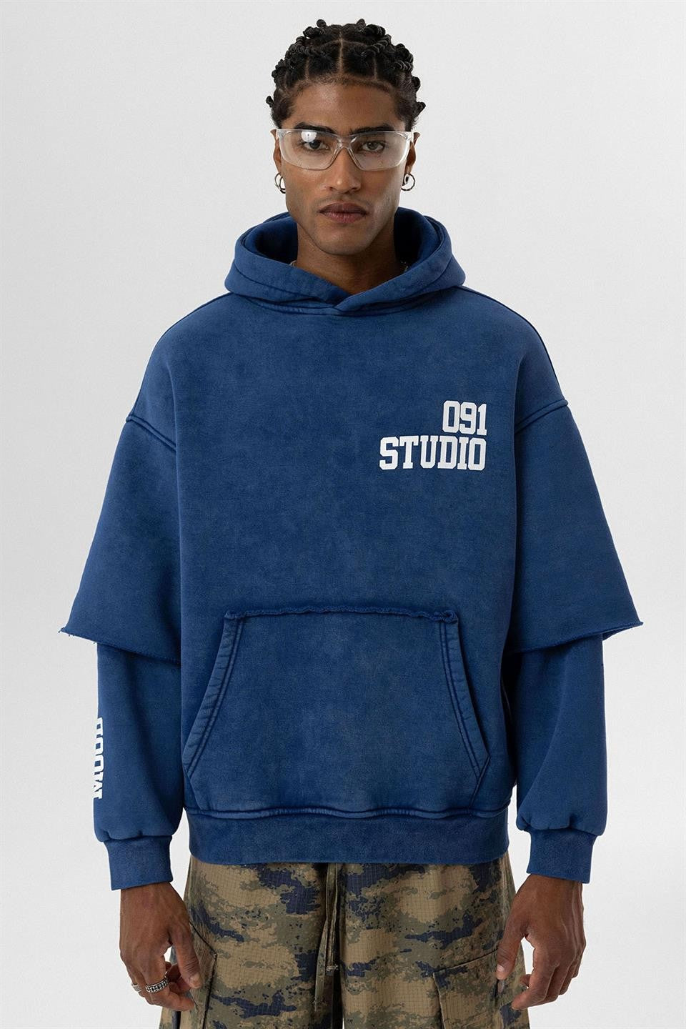 Yıkamalı Çift Kol Detaylı Kapüşonlu Oversize Sweatshirt