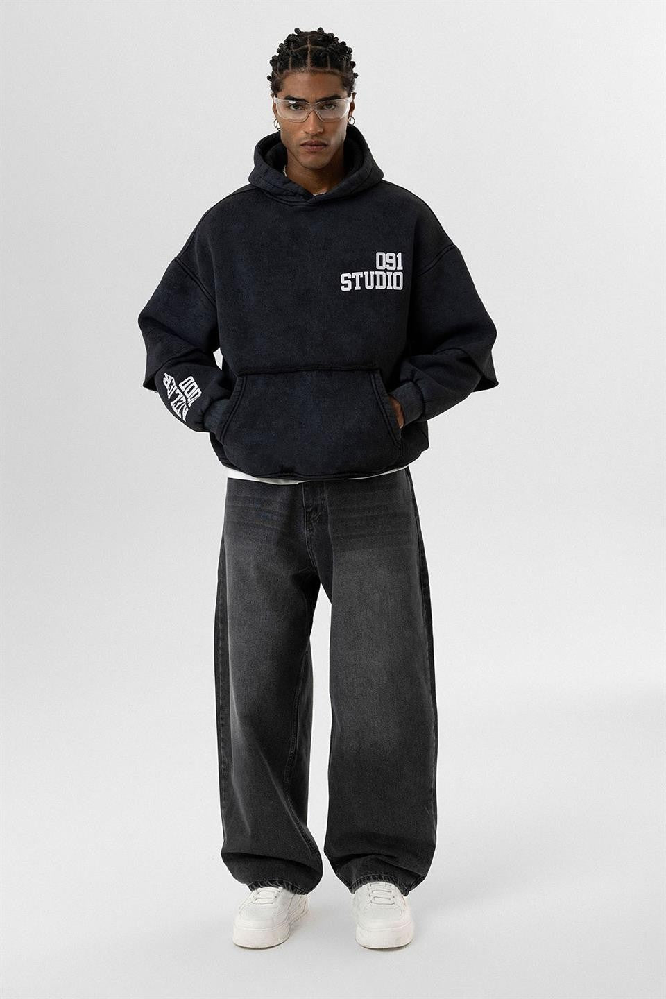 Yıkamalı Çift Kol Detaylı Kapüşonlu Oversize Sweatshirt