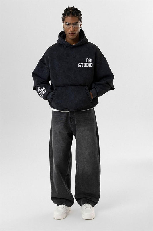 Yıkamalı Çift Kol Detaylı Kapüşonlu Oversize Sweatshirt