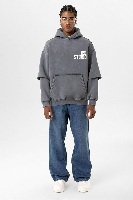 Yıkamalı Çift Kol Detaylı Kapüşonlu Oversize Sweatshirt