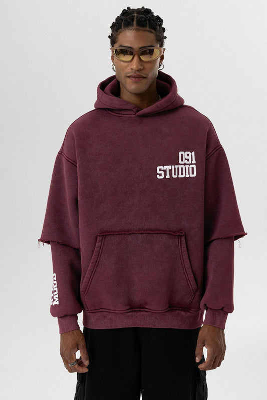 Yıkamalı Çift Kol Detaylı Kapüşonlu Oversize Sweatshirt