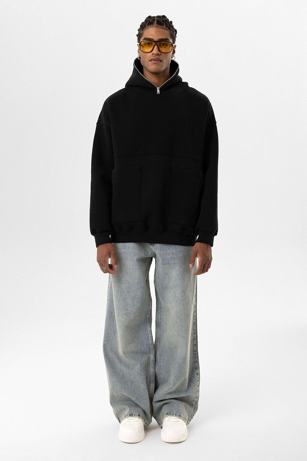Çift Cep Fermuar Detaylı Kapüşonlu Sweatshirt
