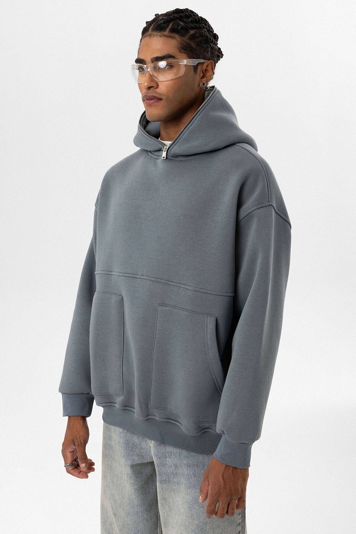 Çift Cep Fermuar Detaylı Kapüşonlu Sweatshirt