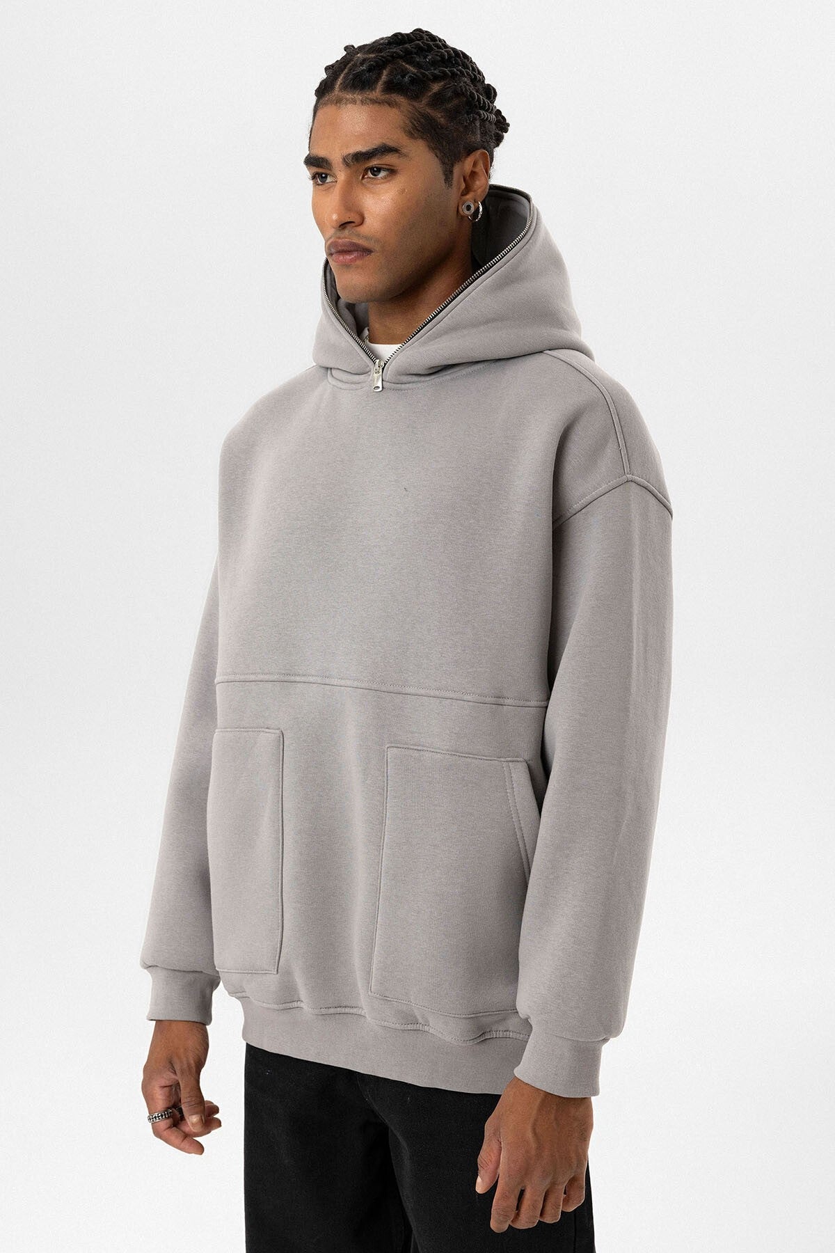 Çift Cep Fermuar Detaylı Kapüşonlu Sweatshirt