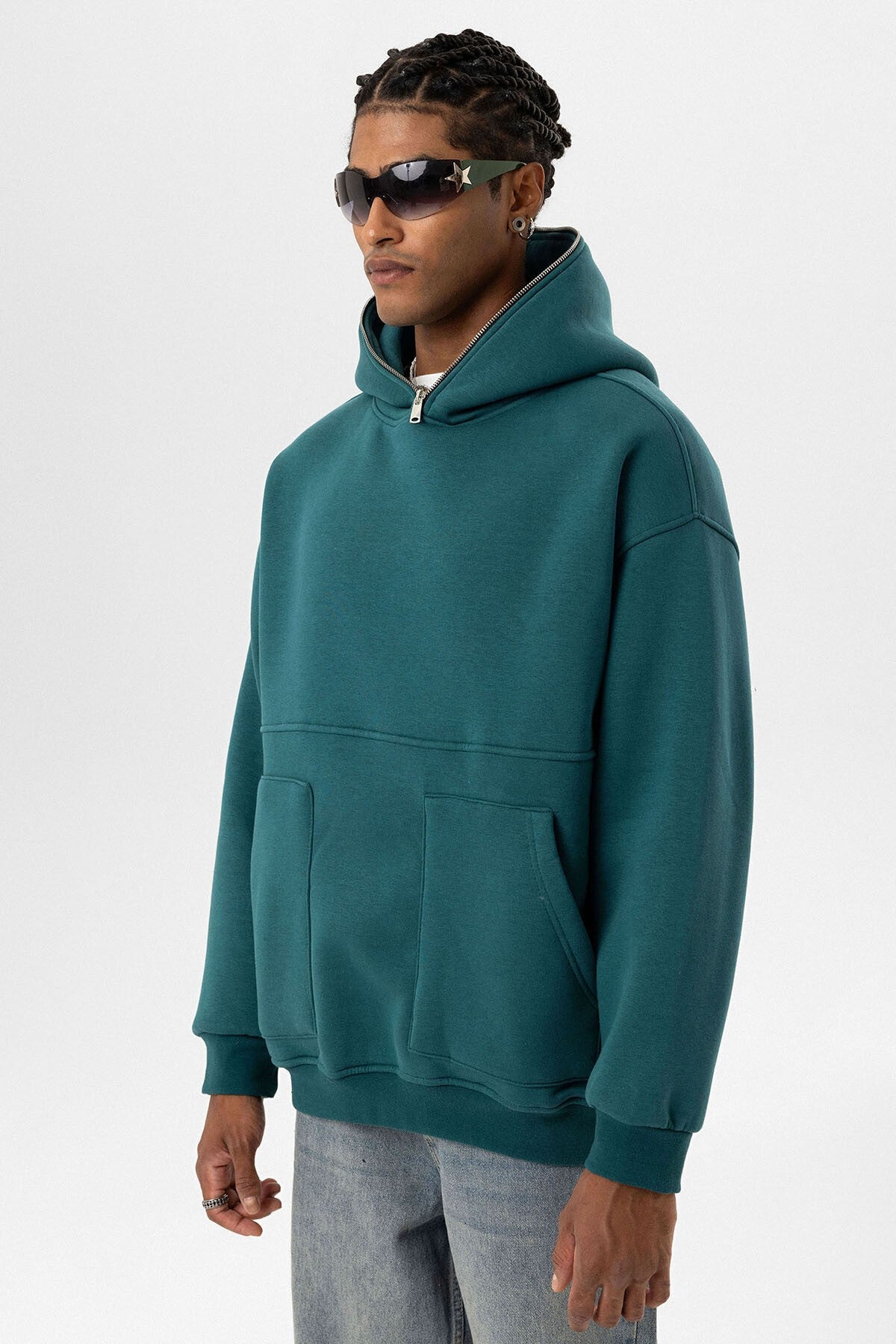 Çift Cep Fermuar Detaylı Kapüşonlu Sweatshirt