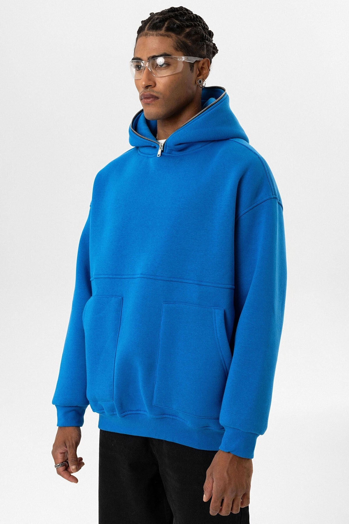 Çift Cep Fermuar Detaylı Kapüşonlu Sweatshirt