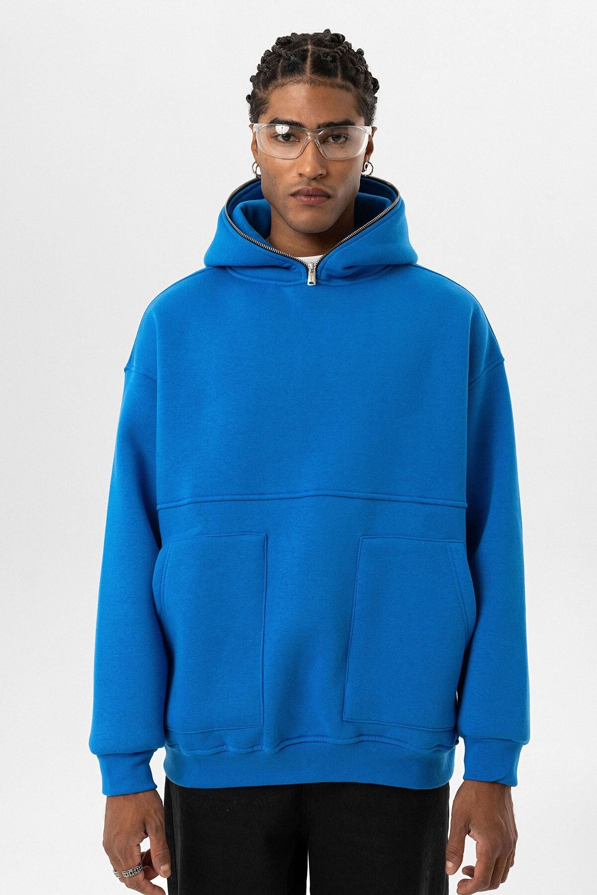 Çift Cep Fermuar Detaylı Kapüşonlu Sweatshirt