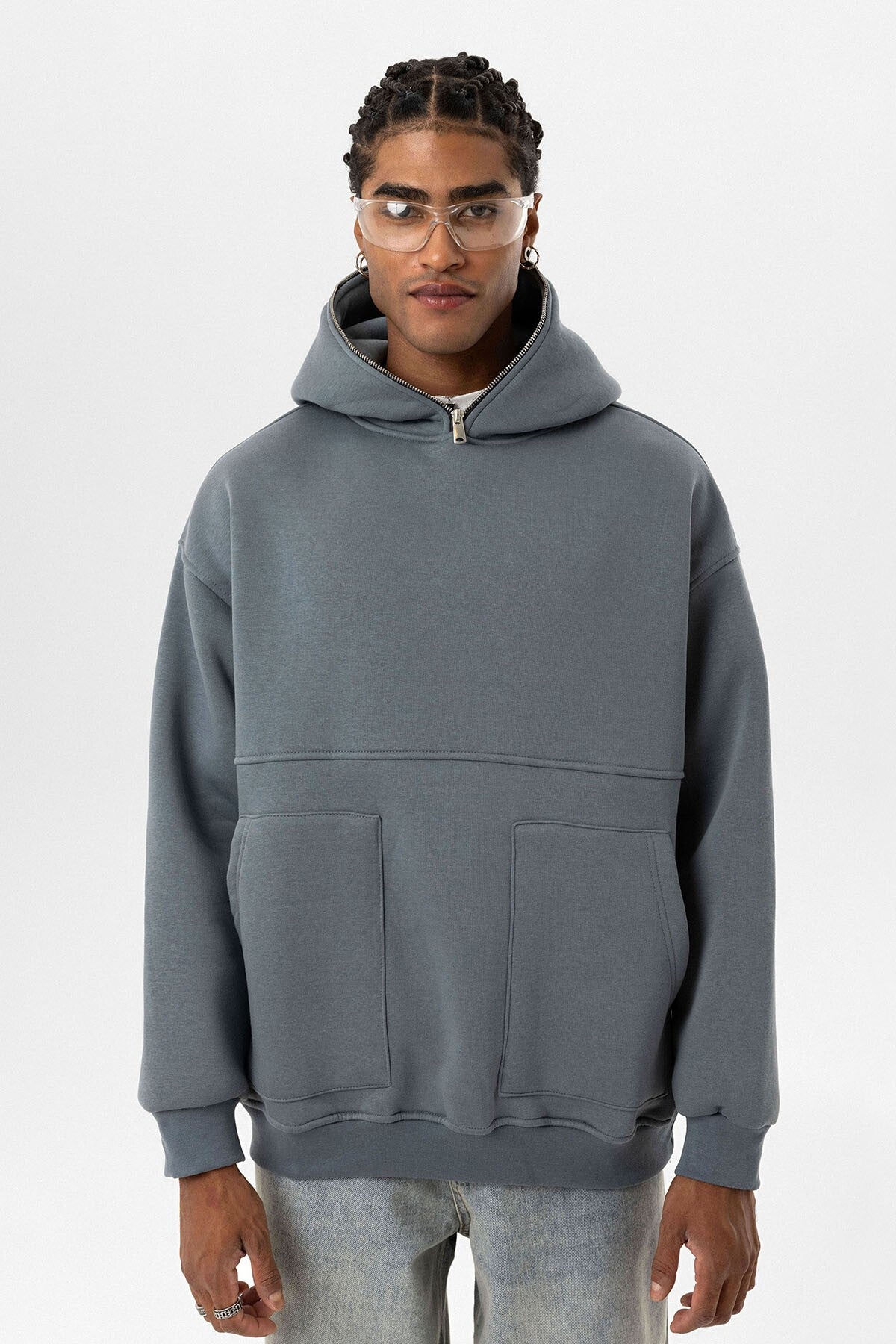 Çift Cep Fermuar Detaylı Kapüşonlu Sweatshirt