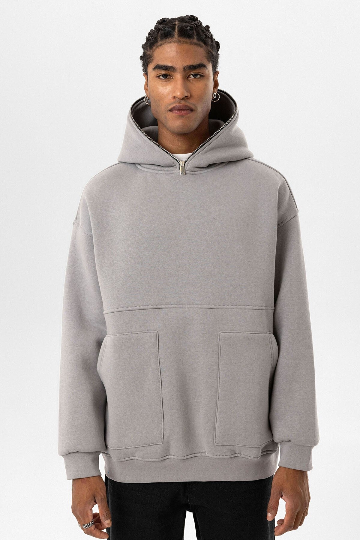 Çift Cep Fermuar Detaylı Kapüşonlu Sweatshirt