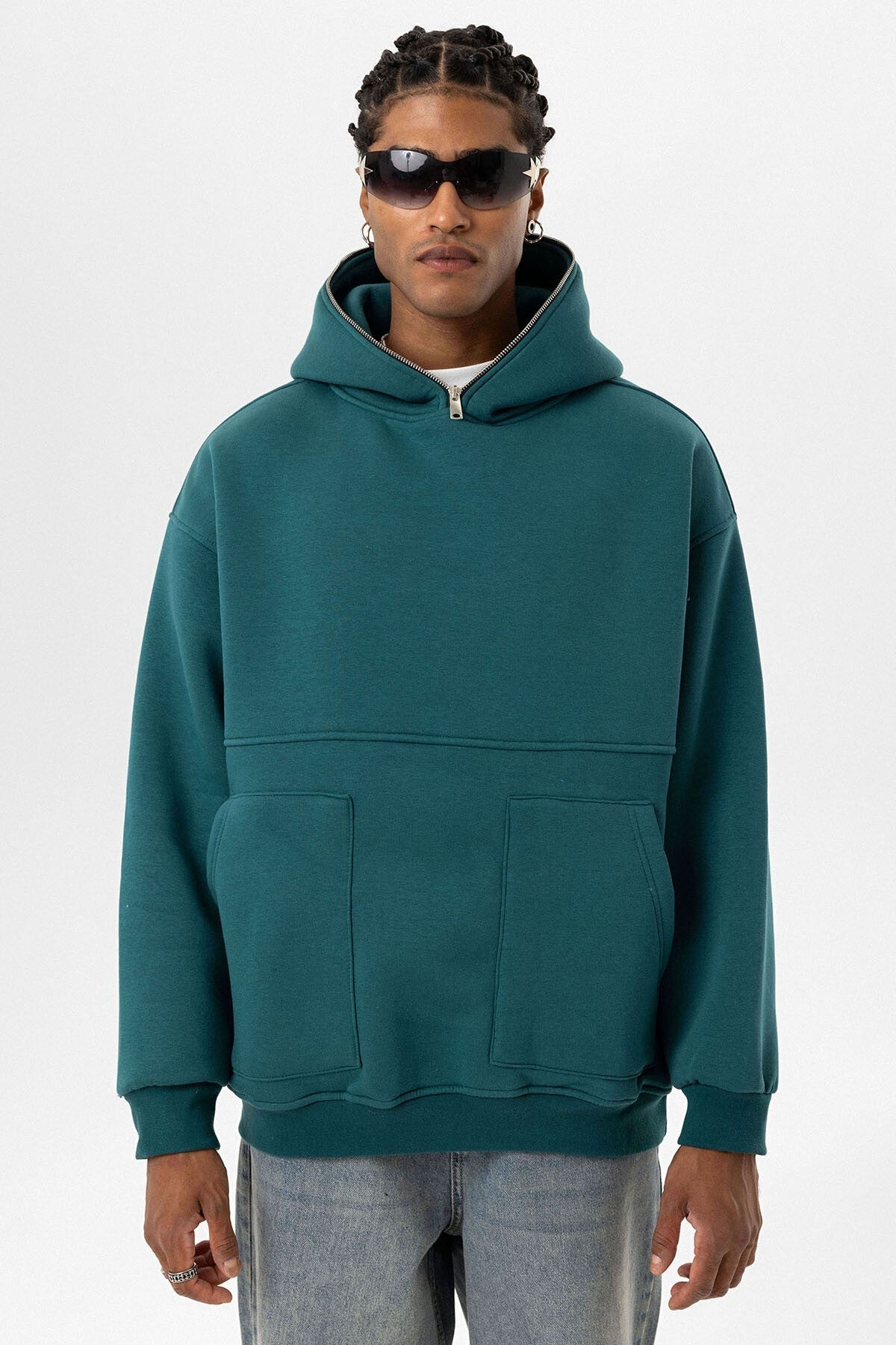 Çift Cep Fermuar Detaylı Kapüşonlu Sweatshirt