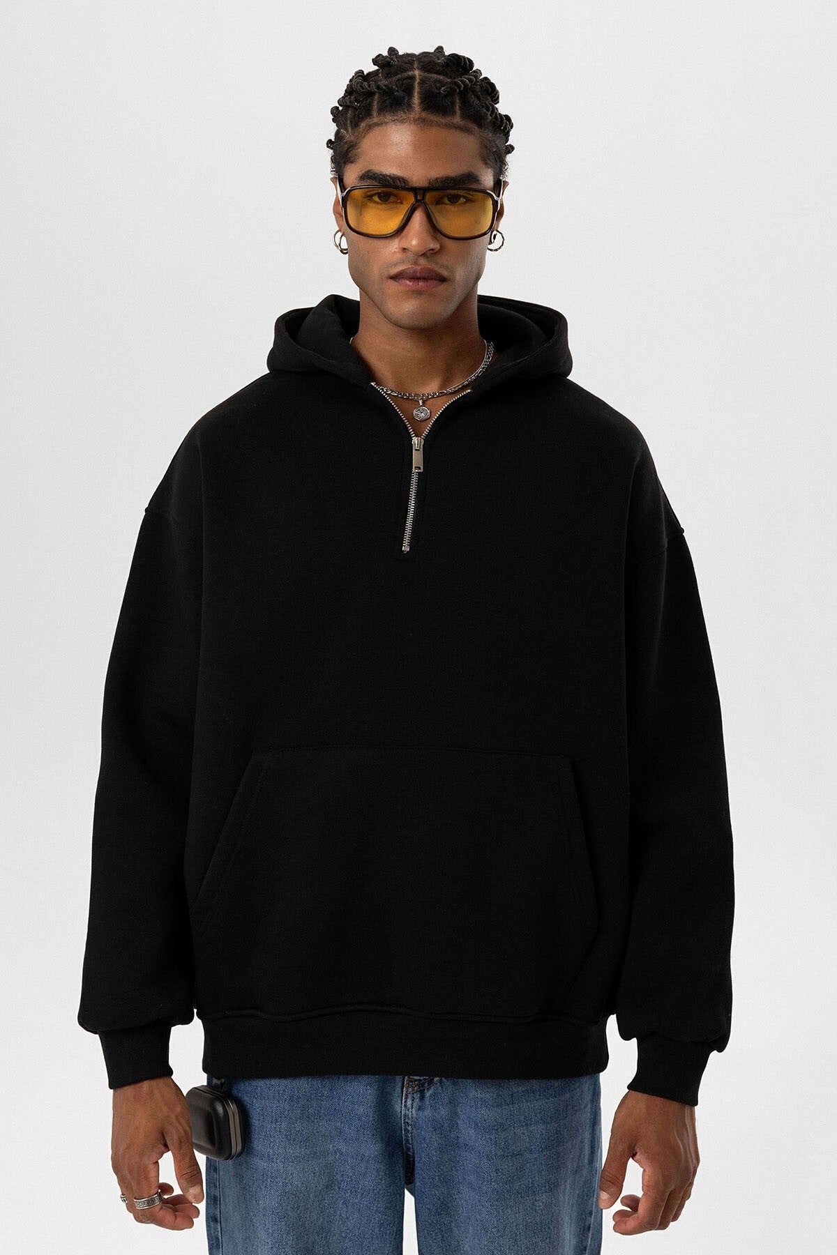 Basic Oversize Fermuar Detaylı Kapüşonlu Sweatshirt