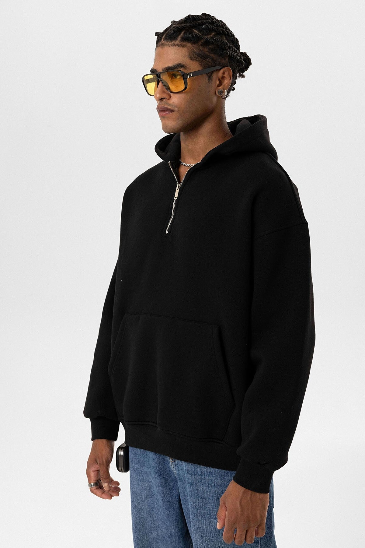 Basic Oversize Fermuar Detaylı Kapüşonlu Sweatshirt