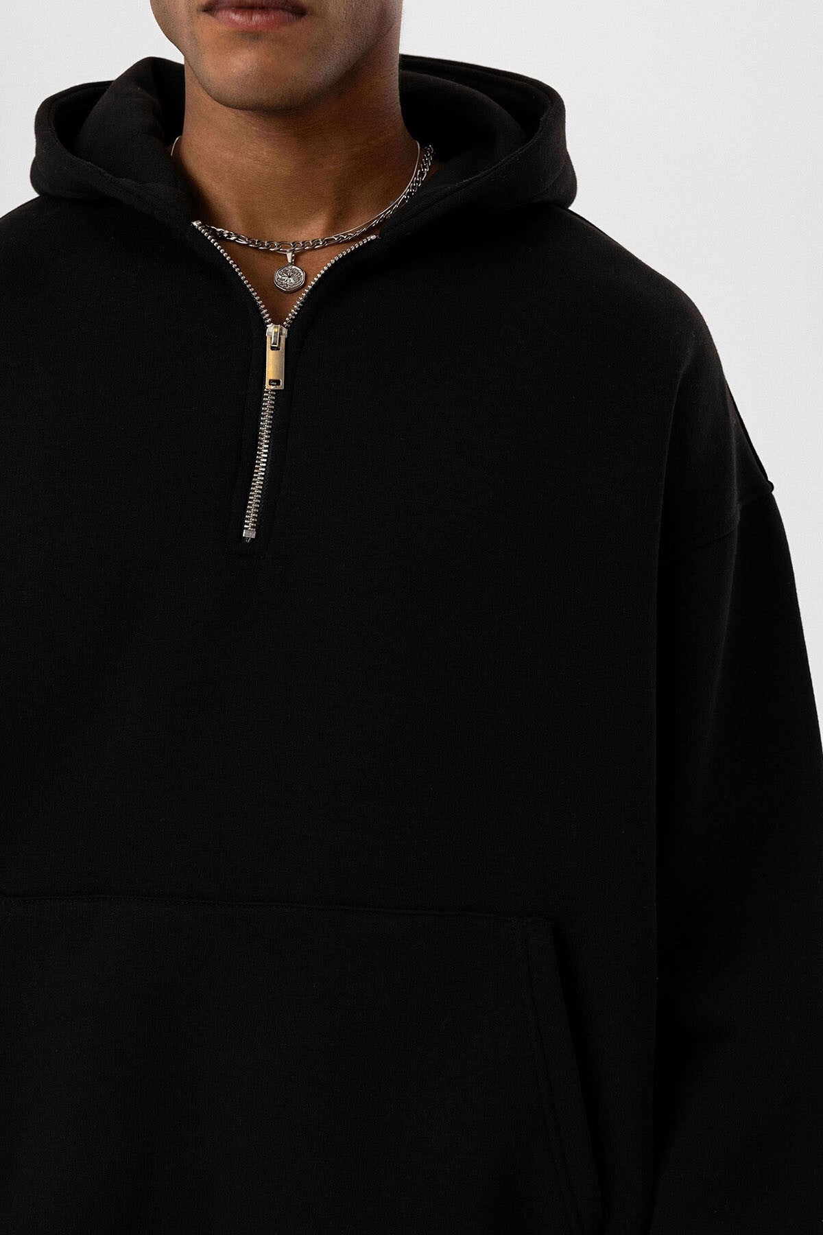 Basic Oversize Fermuar Detaylı Kapüşonlu Sweatshirt
