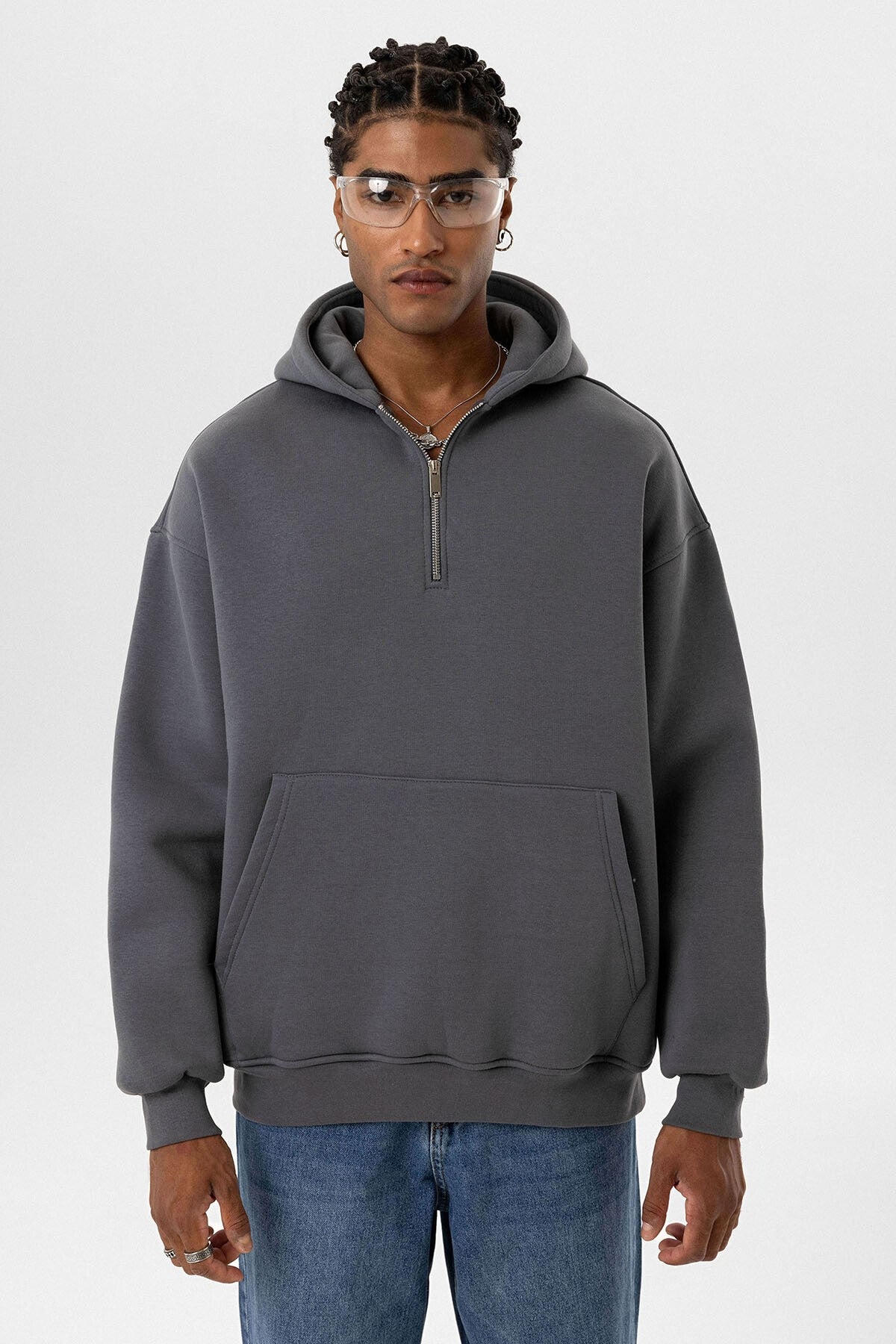 Basic Oversize Fermuar Detaylı Kapüşonlu Sweatshirt