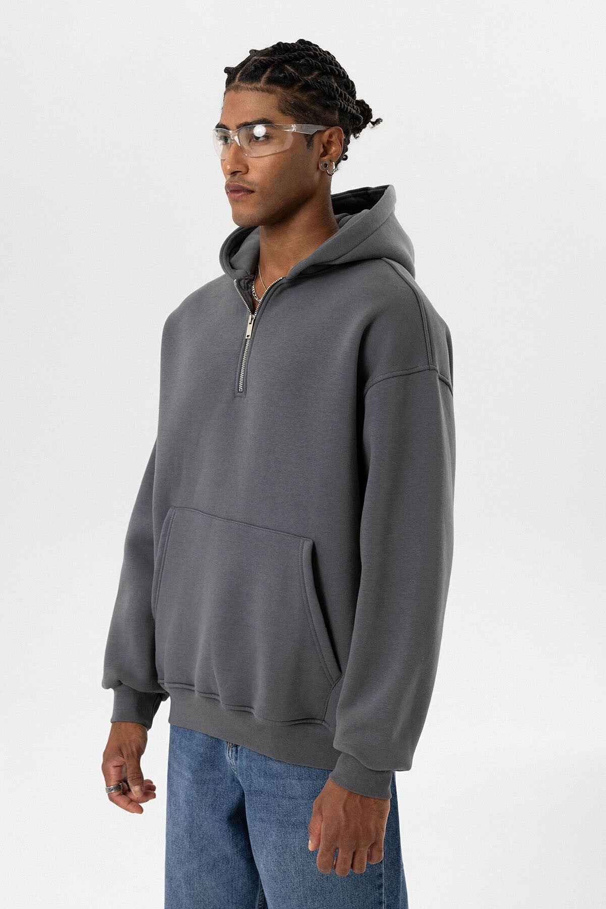 Basic Oversize Fermuar Detaylı Kapüşonlu Sweatshirt