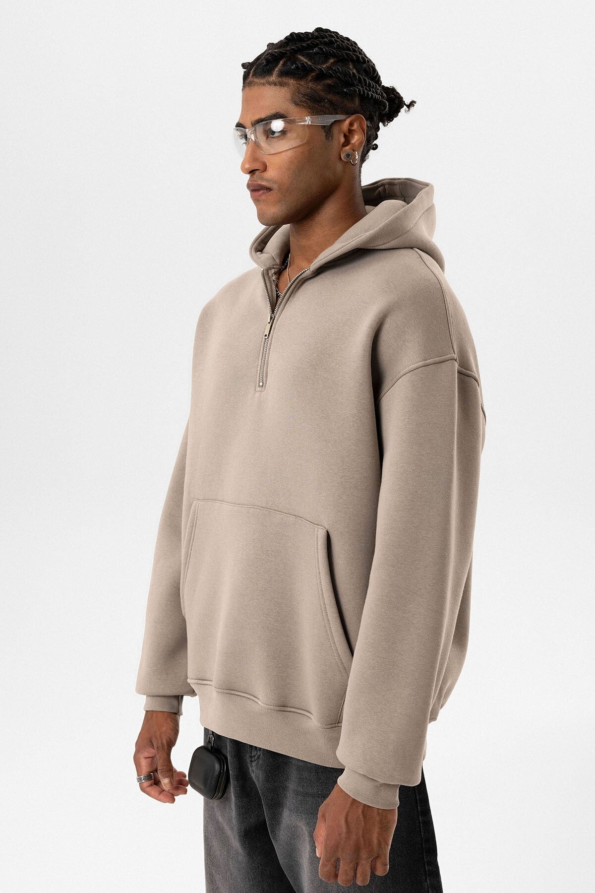 Basic Oversize Fermuar Detaylı Kapüşonlu Sweatshirt