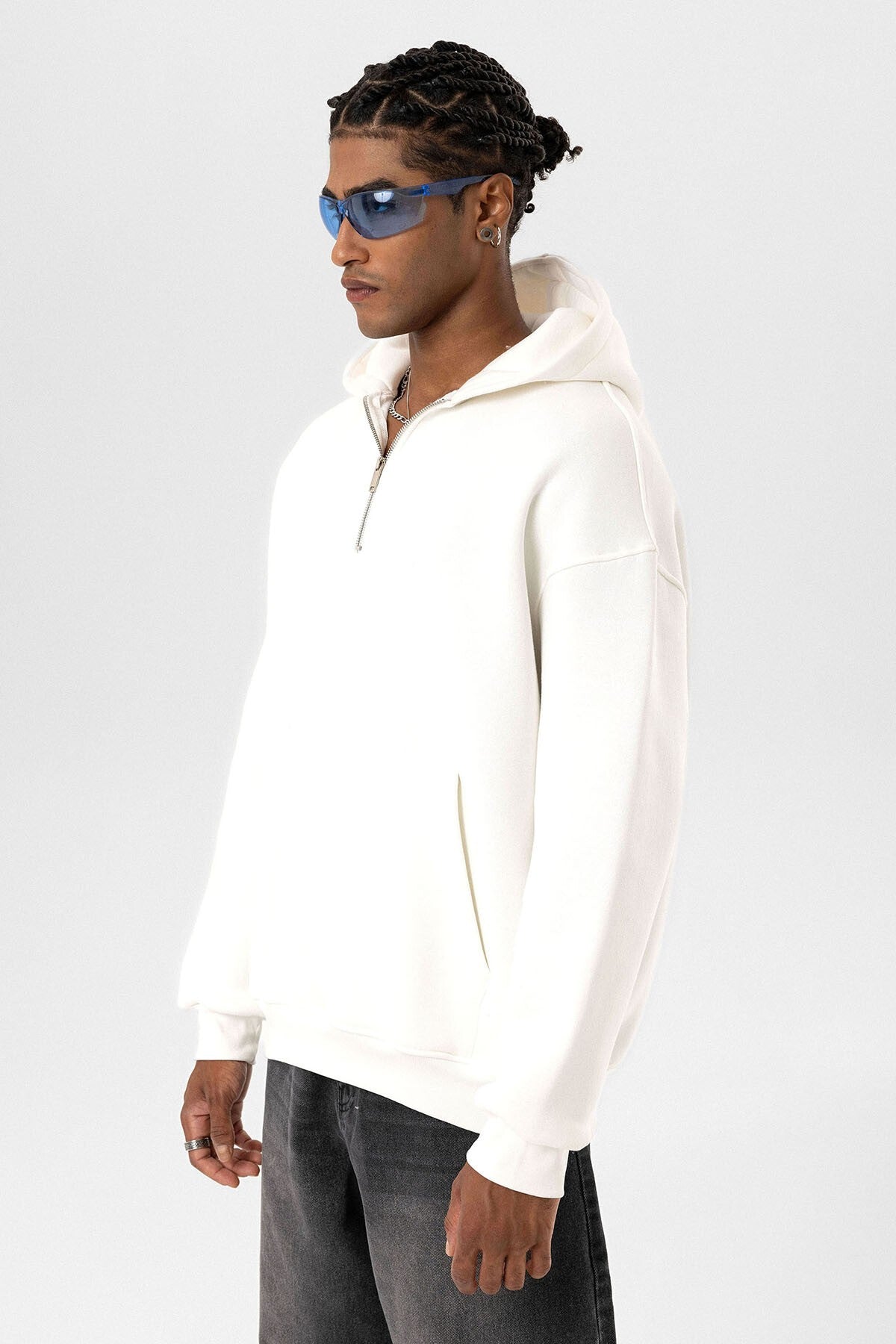 Basic Oversize Fermuar Detaylı Kapüşonlu Sweatshirt