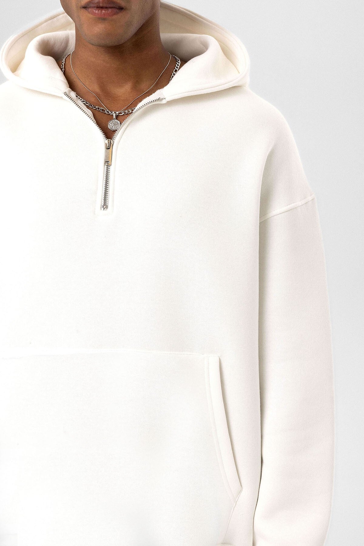 Basic Oversize Fermuar Detaylı Kapüşonlu Sweatshirt