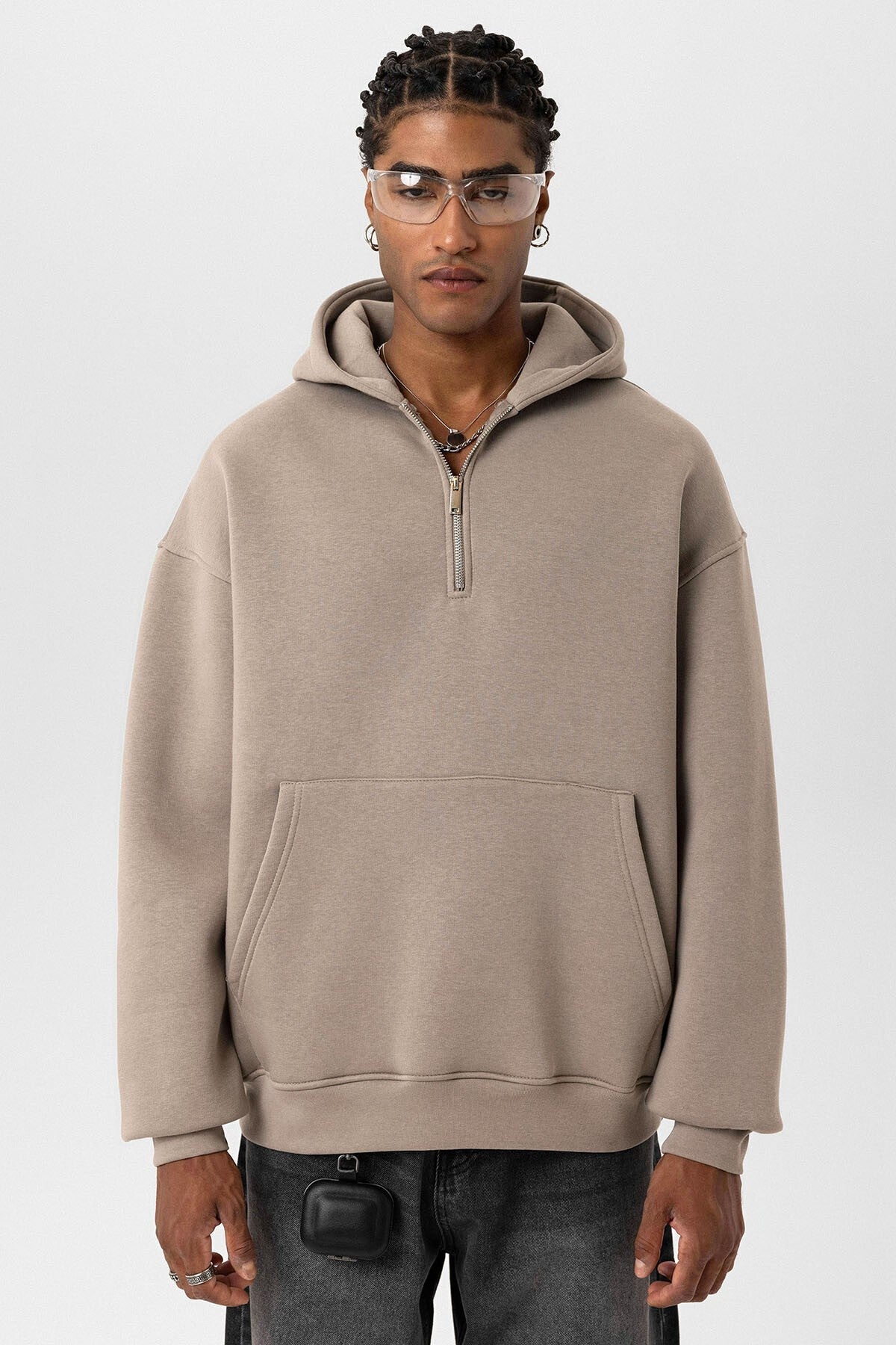 Basic Oversize Fermuar Detaylı Kapüşonlu Sweatshirt