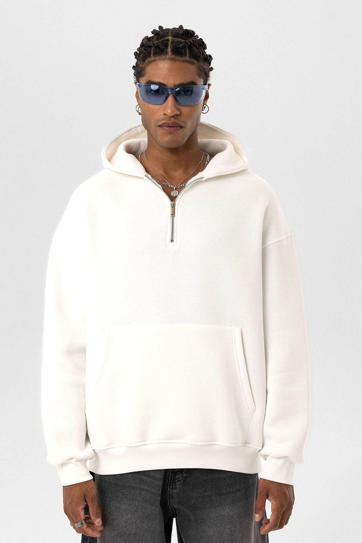 Basic Oversize Fermuar Detaylı Kapüşonlu Sweatshirt