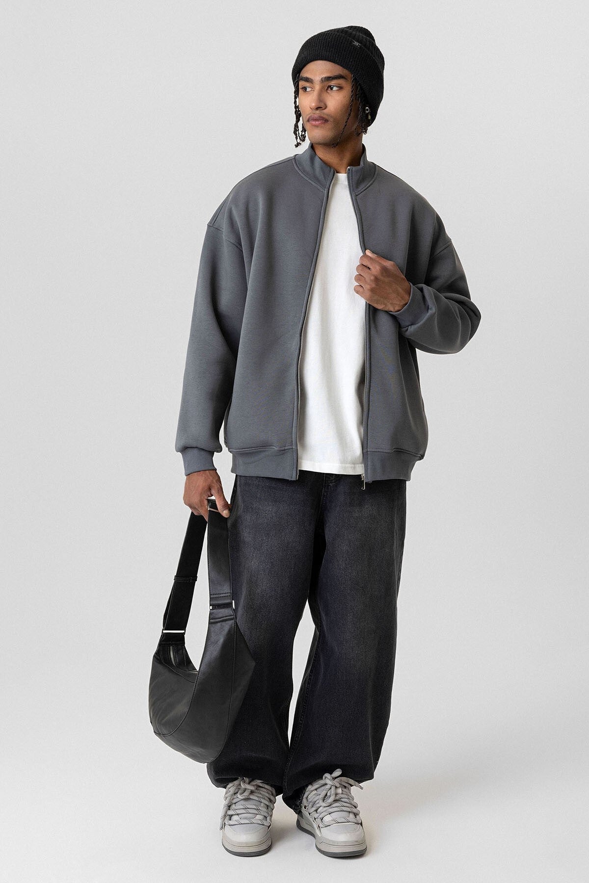 Basic Fermuarlı Oversize Sweatshirt