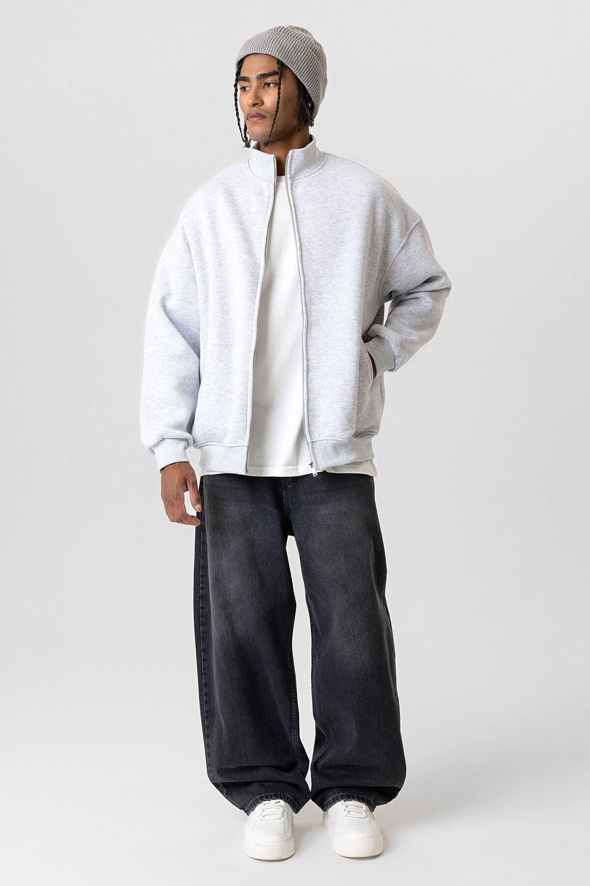 Basic Fermuarlı Oversize Sweatshirt