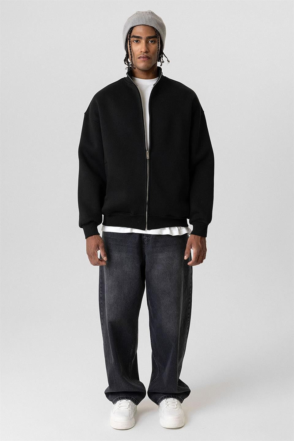 Basic Fermuarlı Oversize Sweatshirt