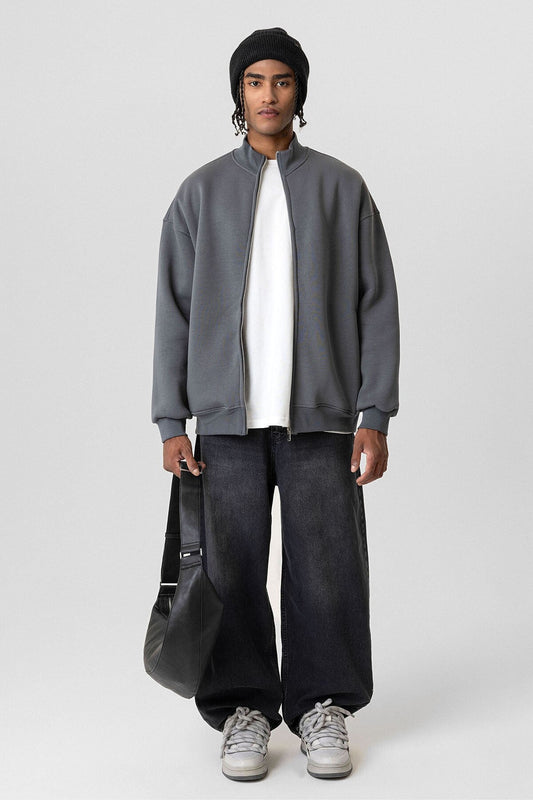 Basic Fermuarlı Oversize Sweatshirt