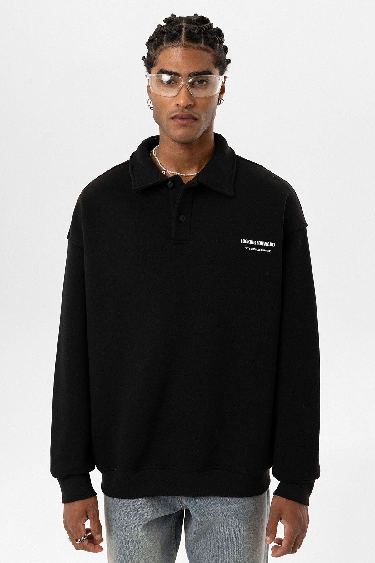 Polo Yaka Baskılı Oversize Sweatshirt