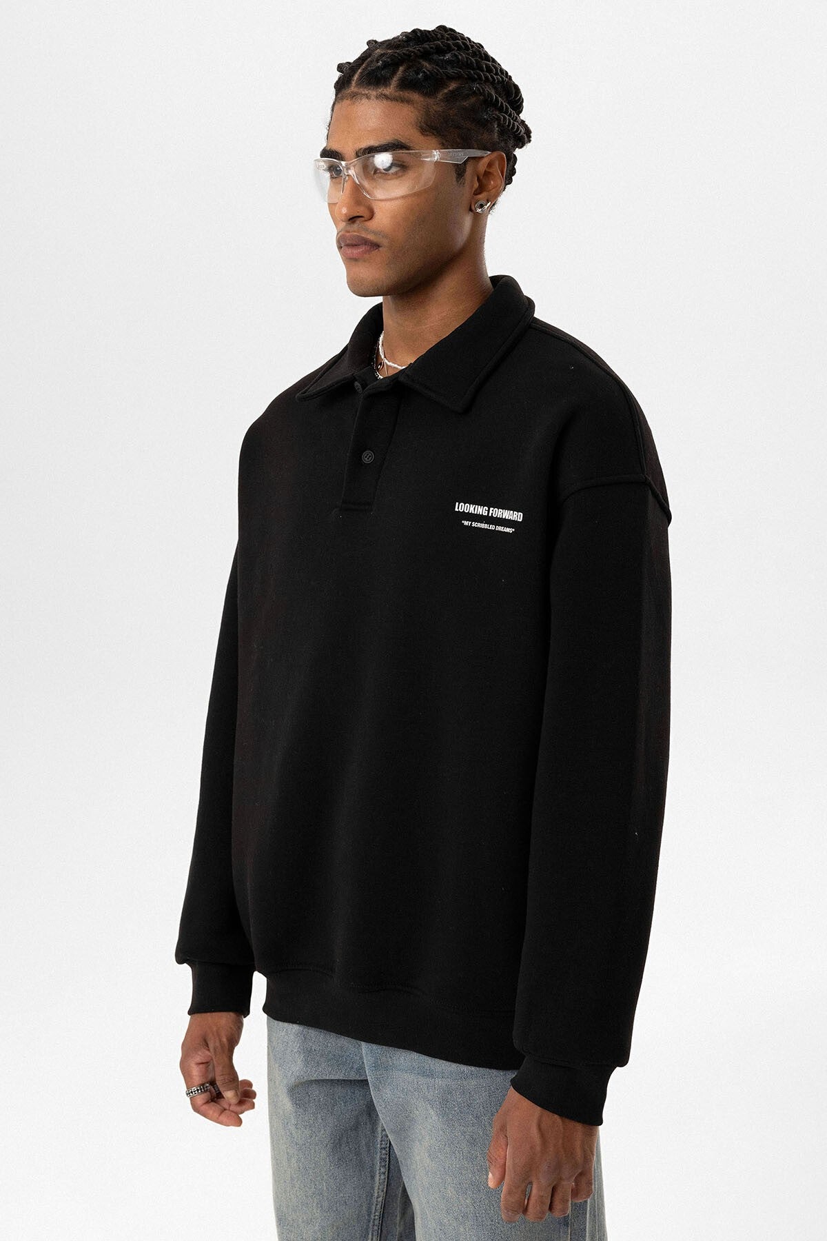 Polo Yaka Baskılı Oversize Sweatshirt