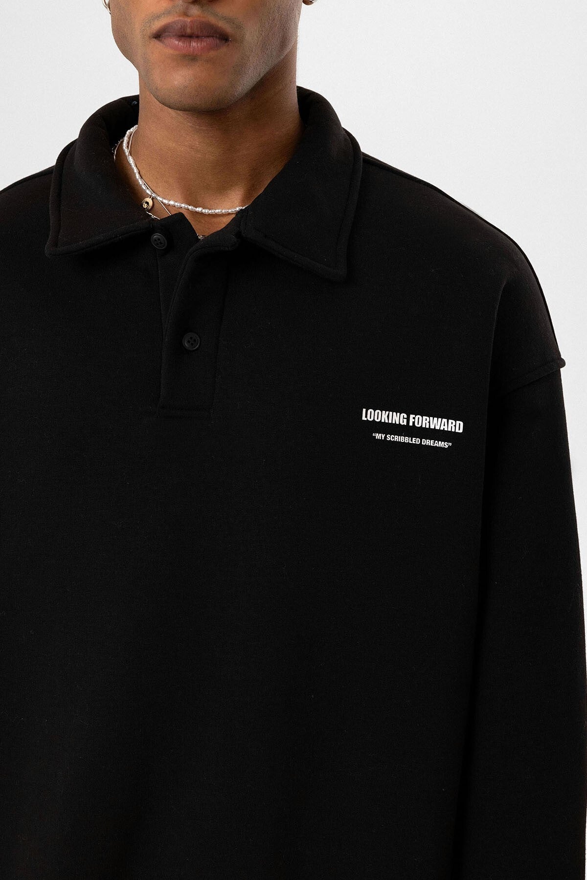 Polo Yaka Baskılı Oversize Sweatshirt