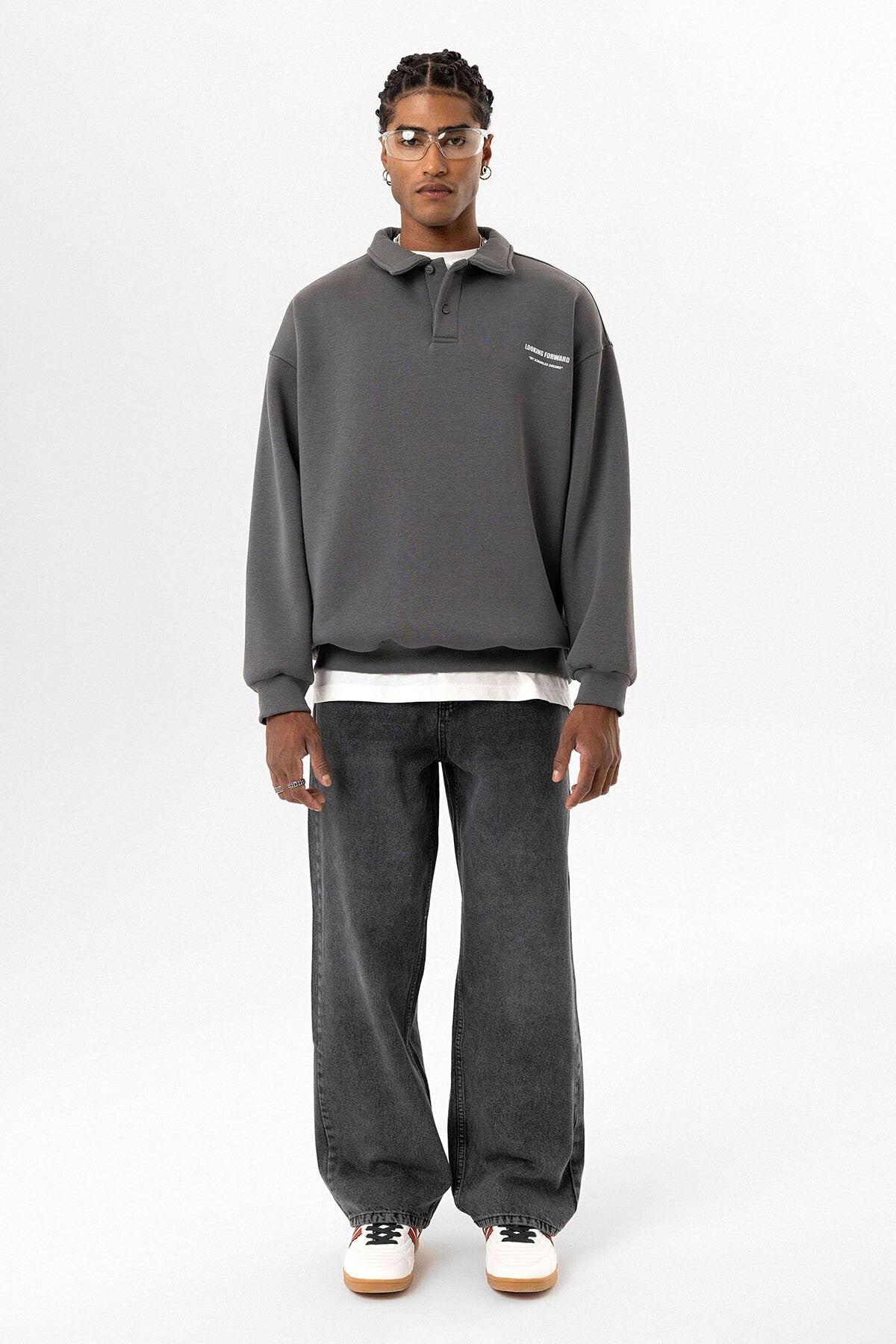 Polo Yaka Baskılı Oversize Sweatshirt