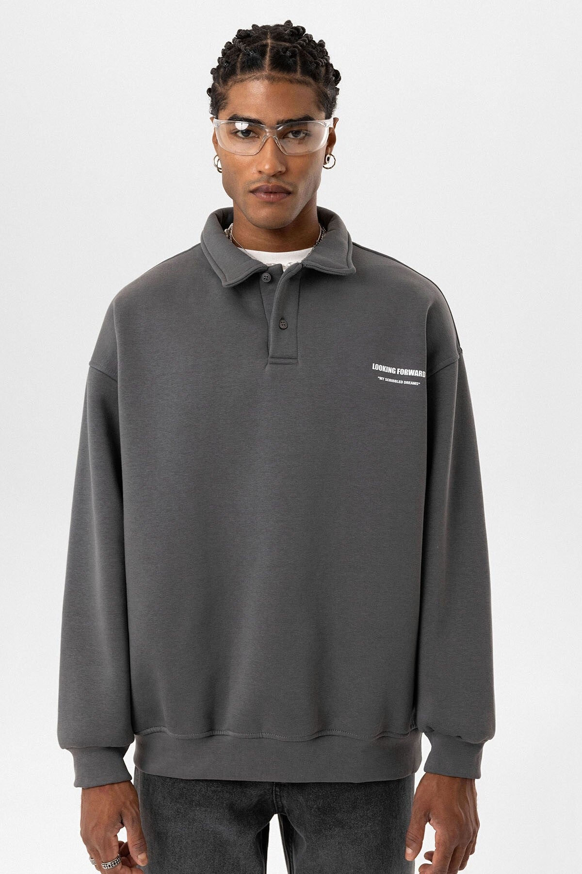 Polo Yaka Baskılı Oversize Sweatshirt