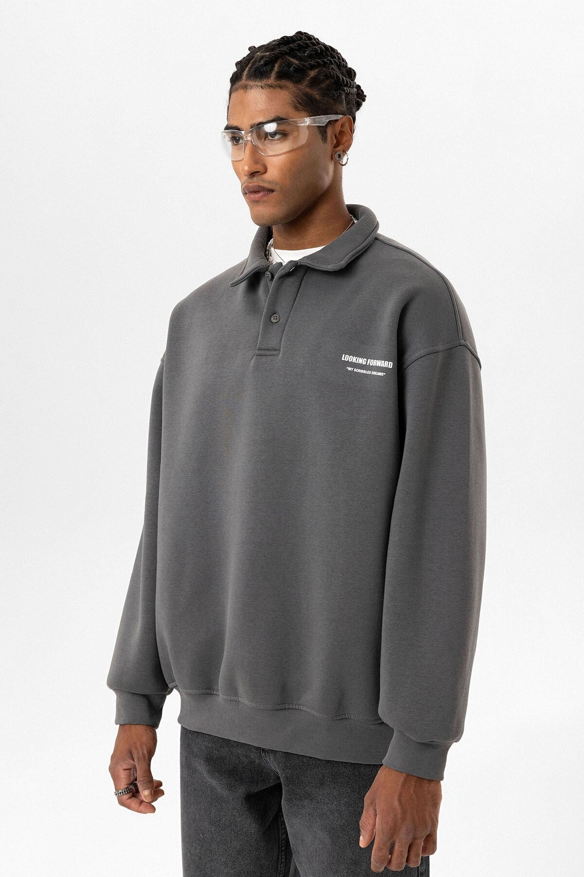 Polo Yaka Baskılı Oversize Sweatshirt