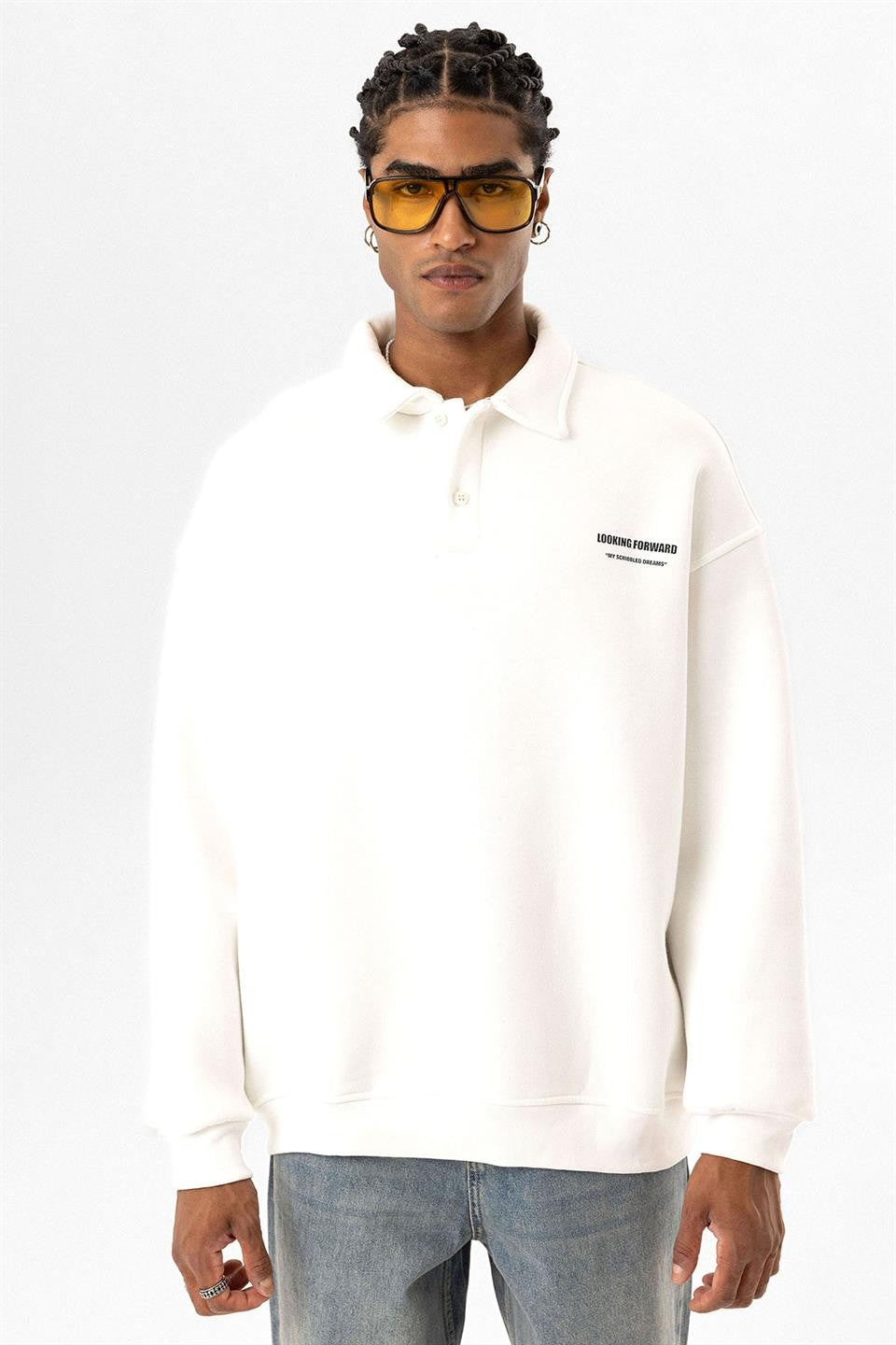 Polo Yaka Baskılı Oversize Sweatshirt