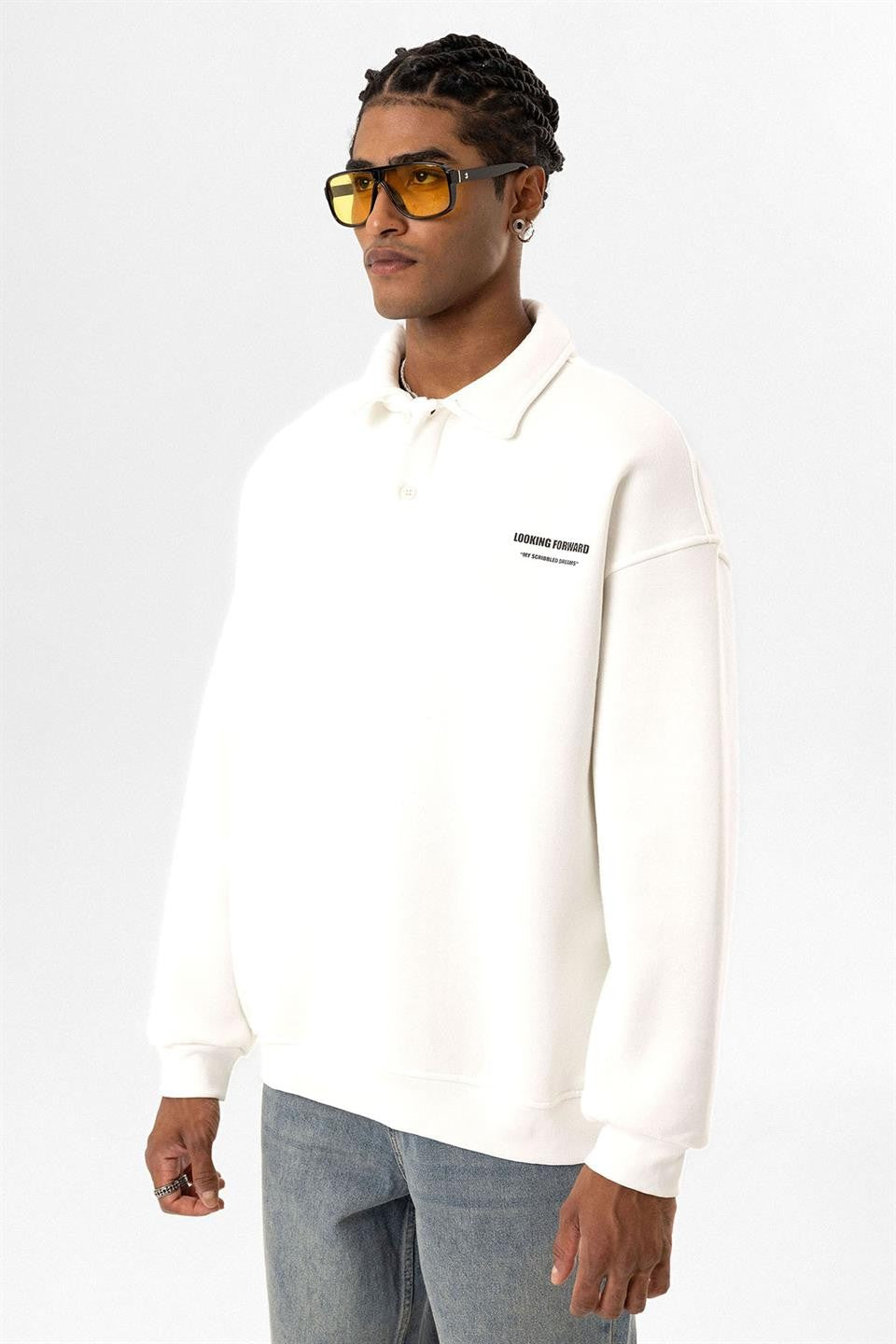 Polo Yaka Baskılı Oversize Sweatshirt
