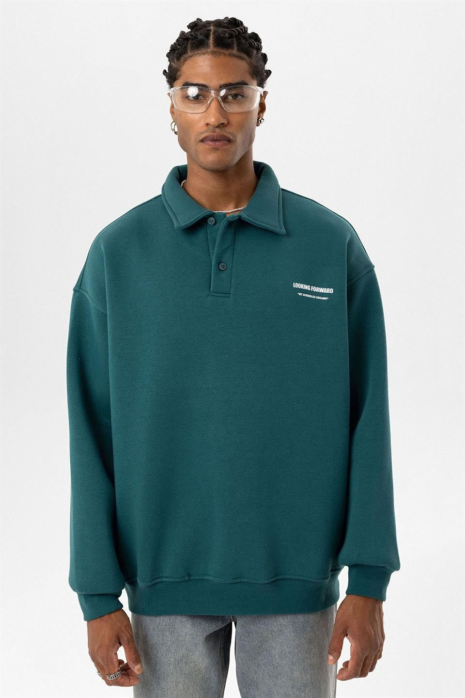 Polo Yaka Baskılı Oversize Sweatshirt