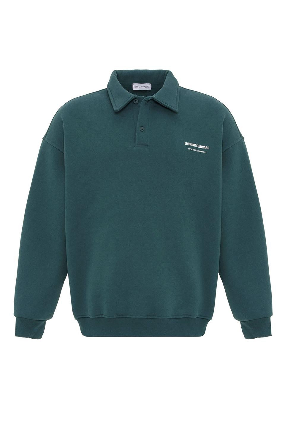 Polo Yaka Baskılı Oversize Sweatshirt